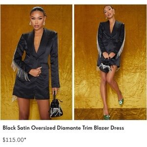 Pretty Little Thing Black Satin Oversized Diamante Trim Blazer Dress 4 NWT